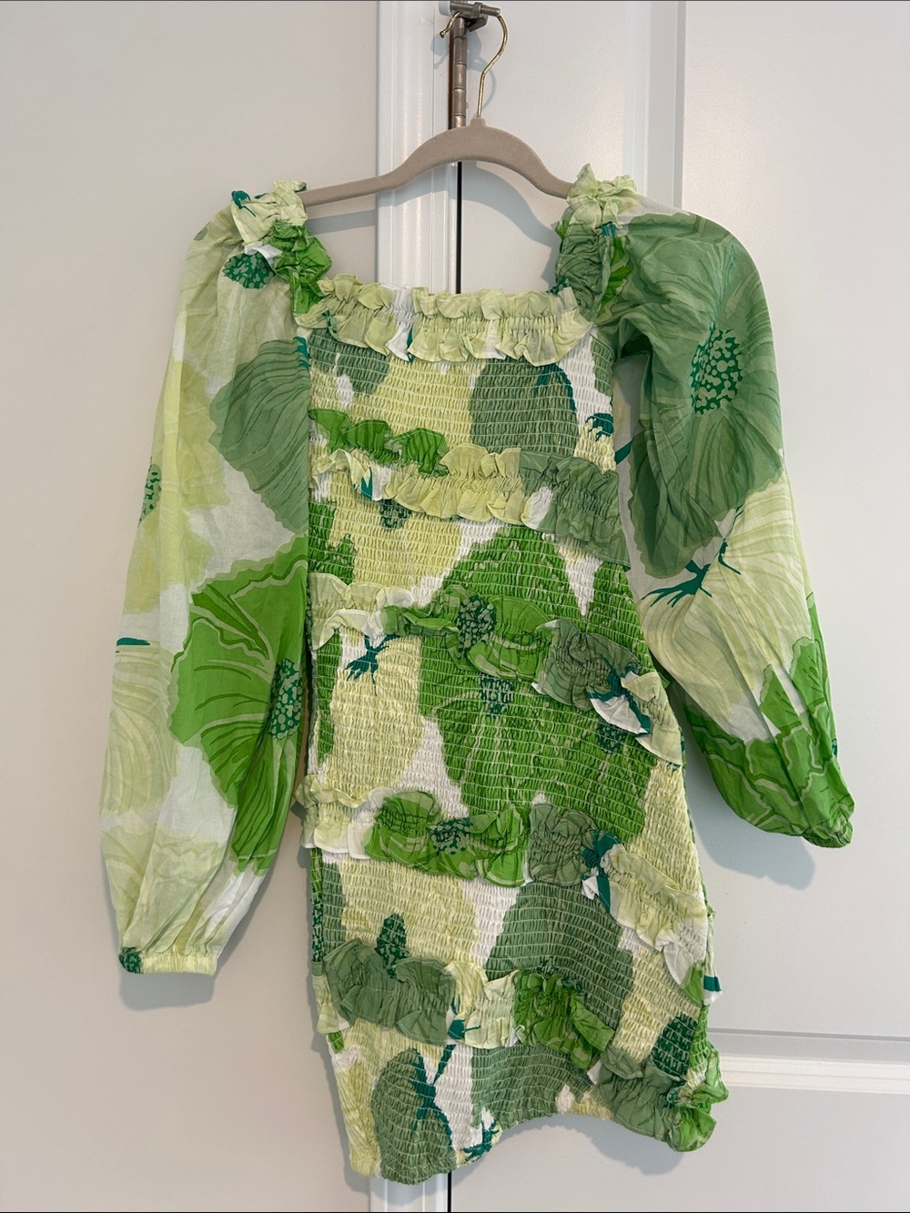 NWOT SABO Green Floral Smocked Dress with Square Neckline and Puffed Sleeves, XS